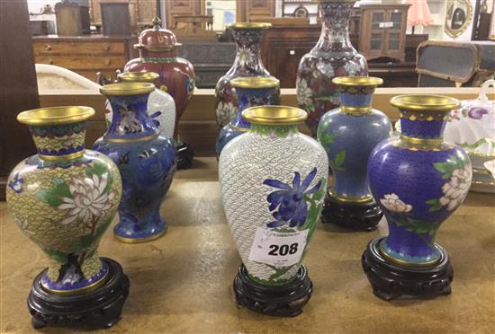 Seven various cloisonne enamel vases & 3 Chinese Cloisonne enamel red ground vases(-)